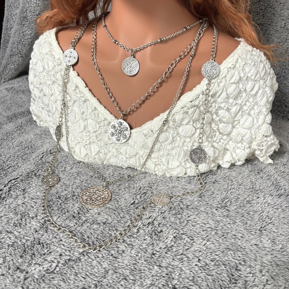 Statement Layered Coin Necklace Silver Tone Medallion Multi Strand Pirate 21861